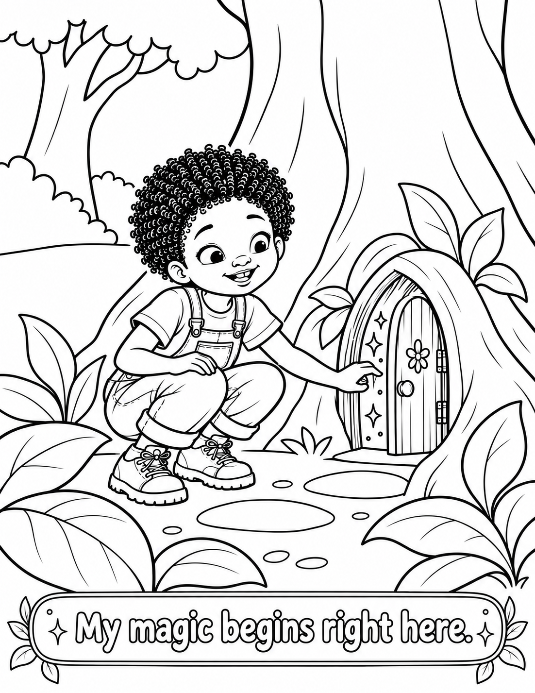 Chipo exploring a tiny magical door in a tree