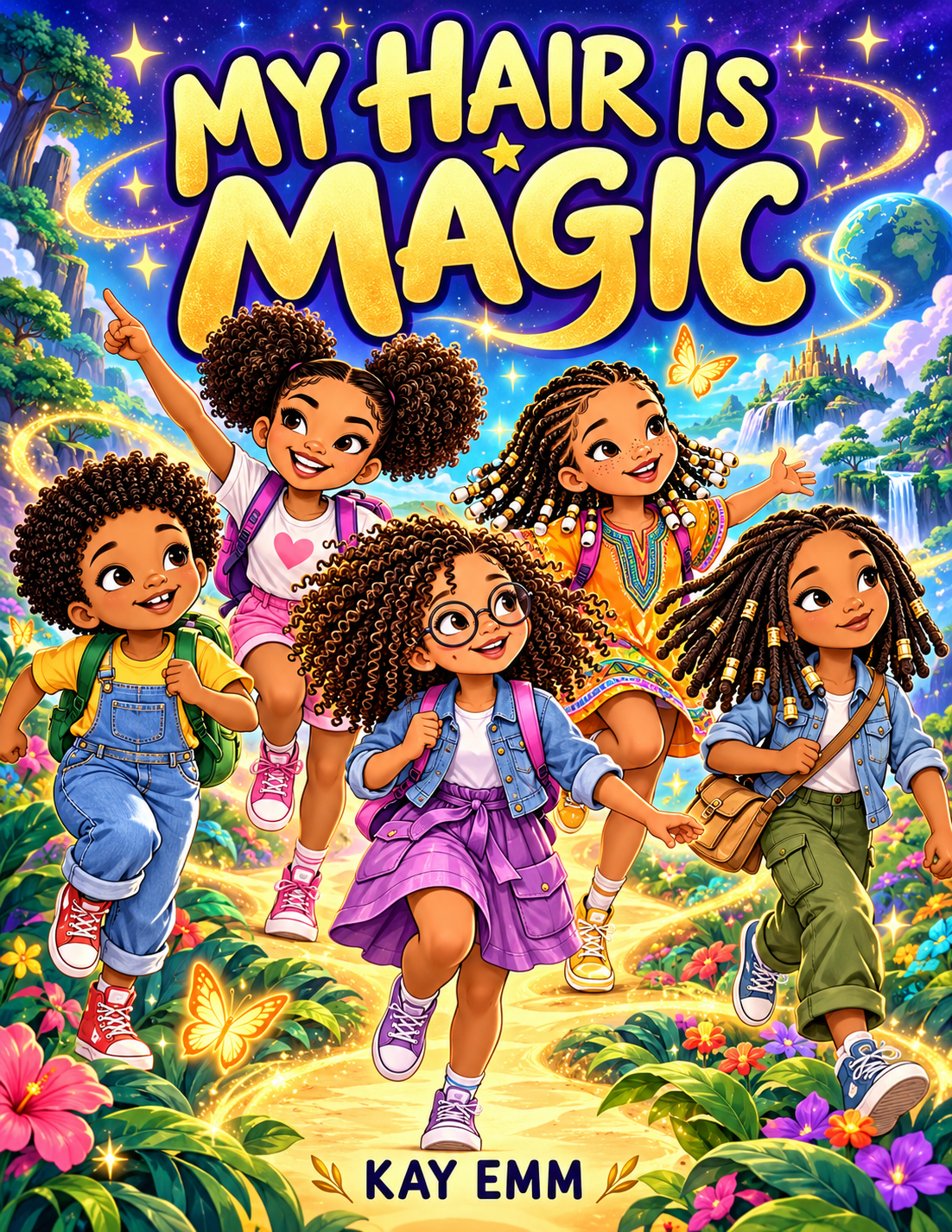My Hair Is Magic by Kay Emm: five smiling Black girls exploring a colourful magical world