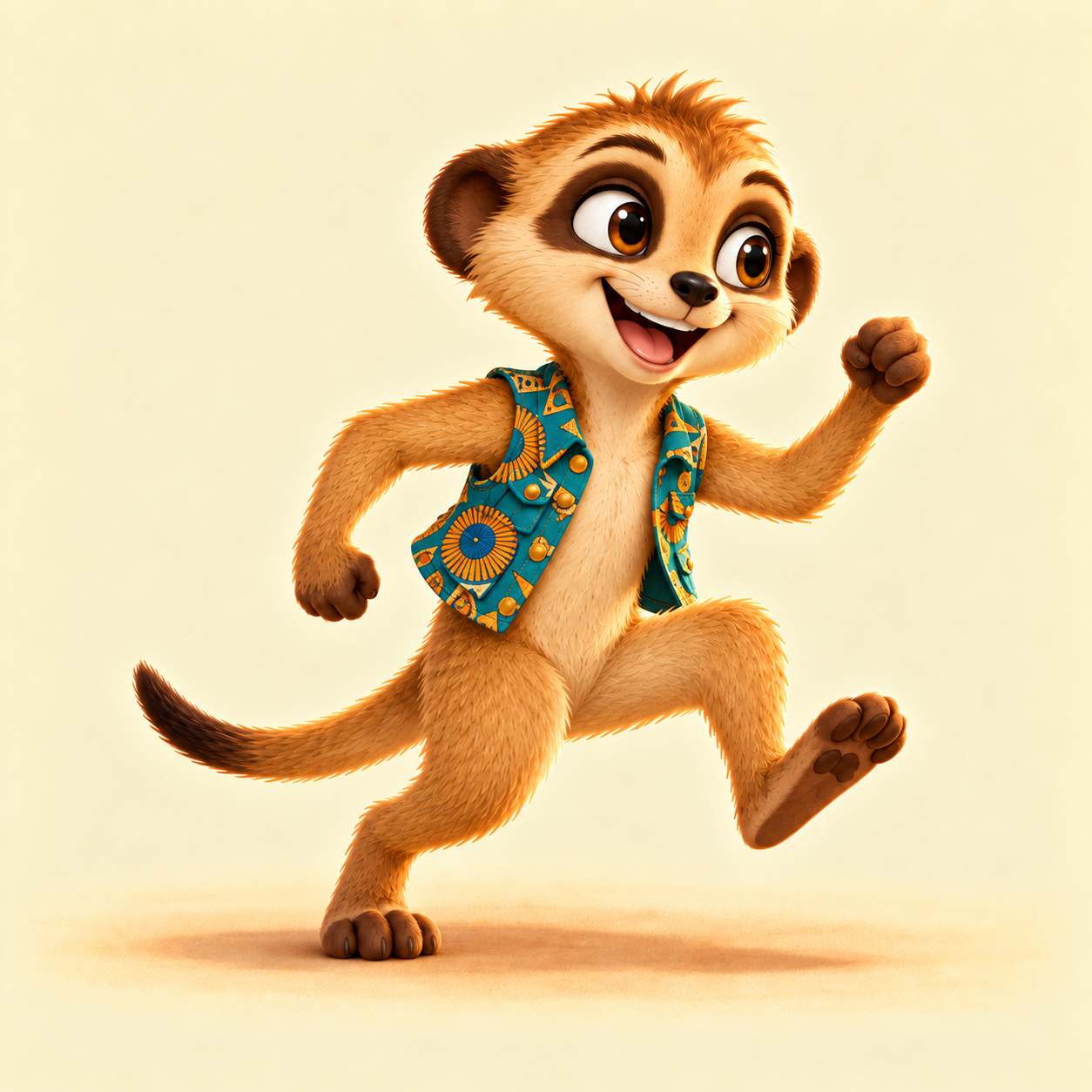Kahaluni, a cheeky sandy-furred meerkat in a teal African print explorer vest