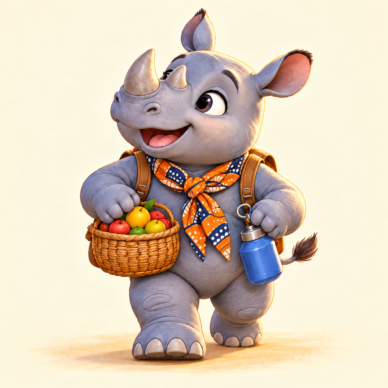 Kifaru, a cheerful young rhino with snacks and water