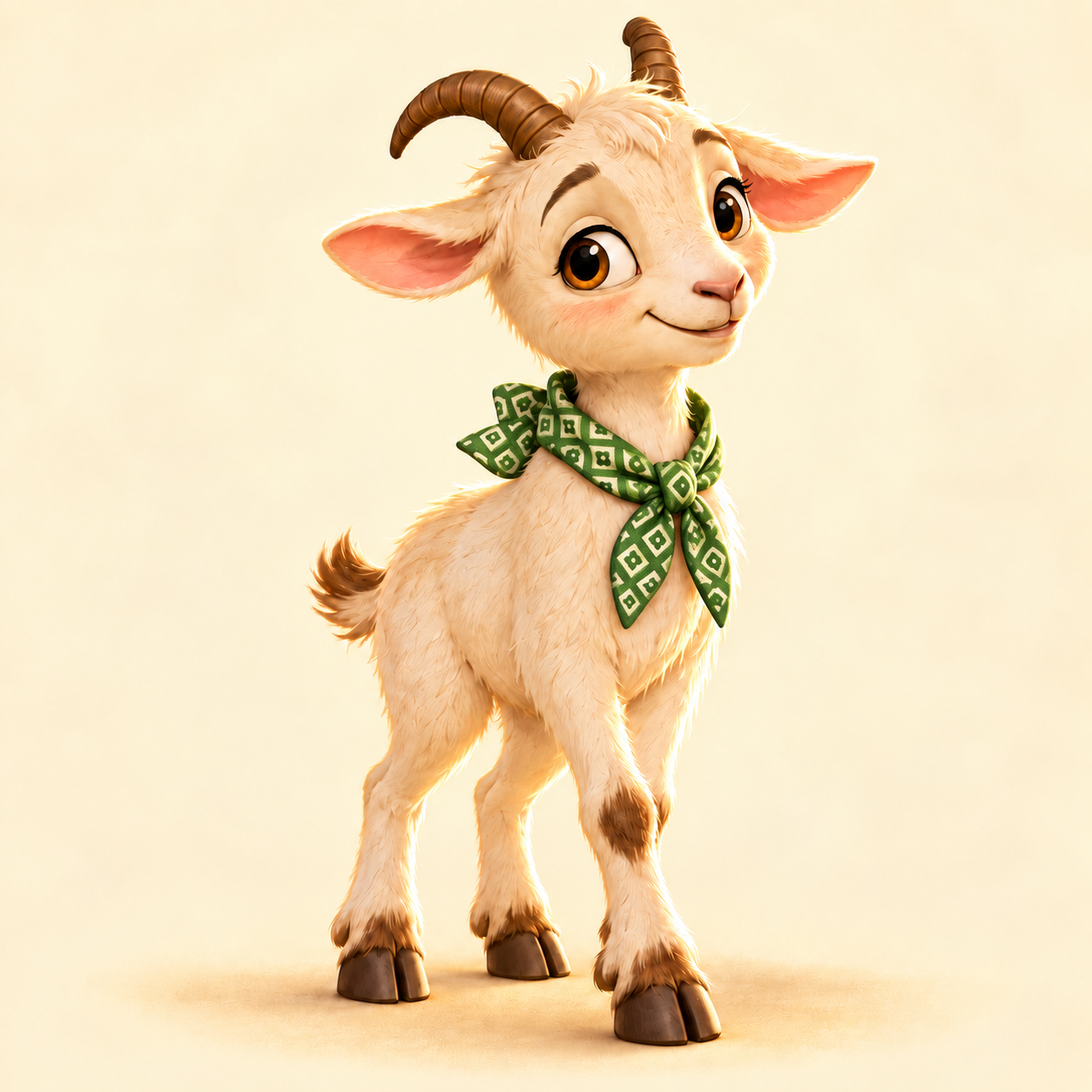 Mbudzi, a shy little goat with a green geometric print neckerchief