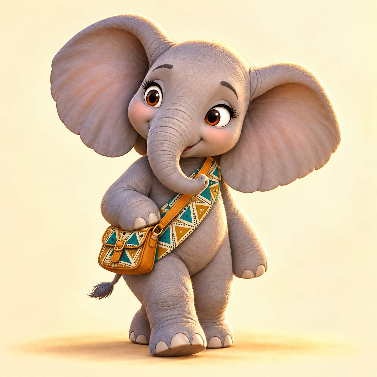 Nzou, a gentle young African elephant with a patterned ochre sash and satchel