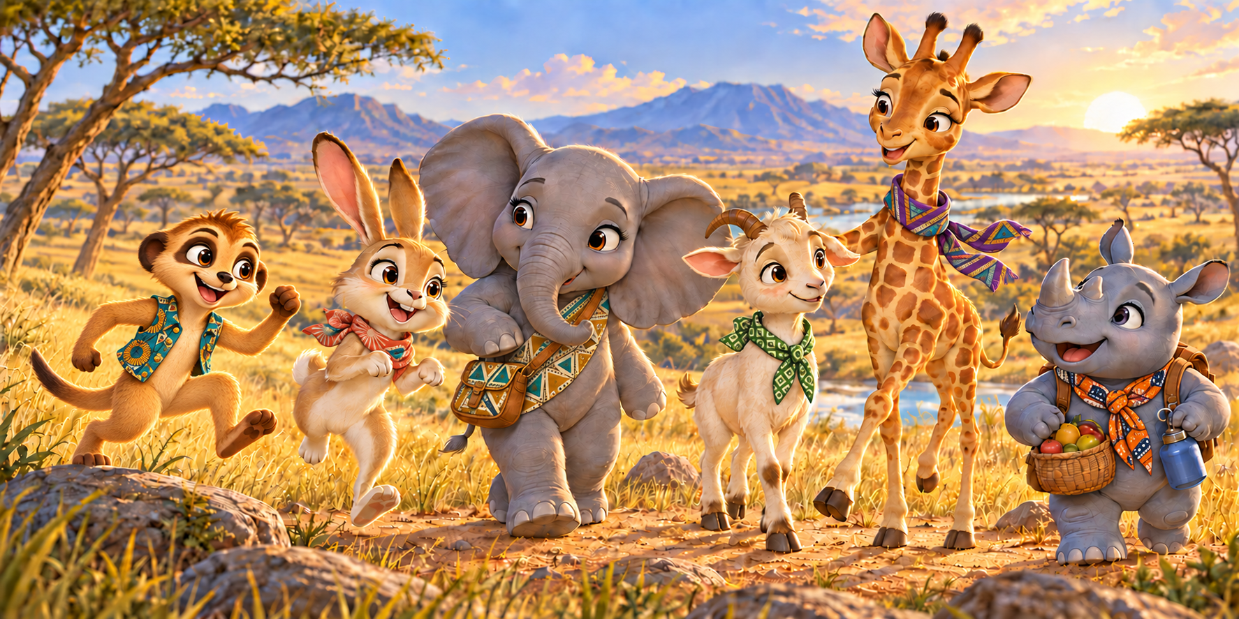Kahaluni the meerkat, Tsuro the rabbit, Nzou the African elephant, Mbudzi the goat, Twiga the giraffe and Kifaru the rhino adventuring together in the savannah