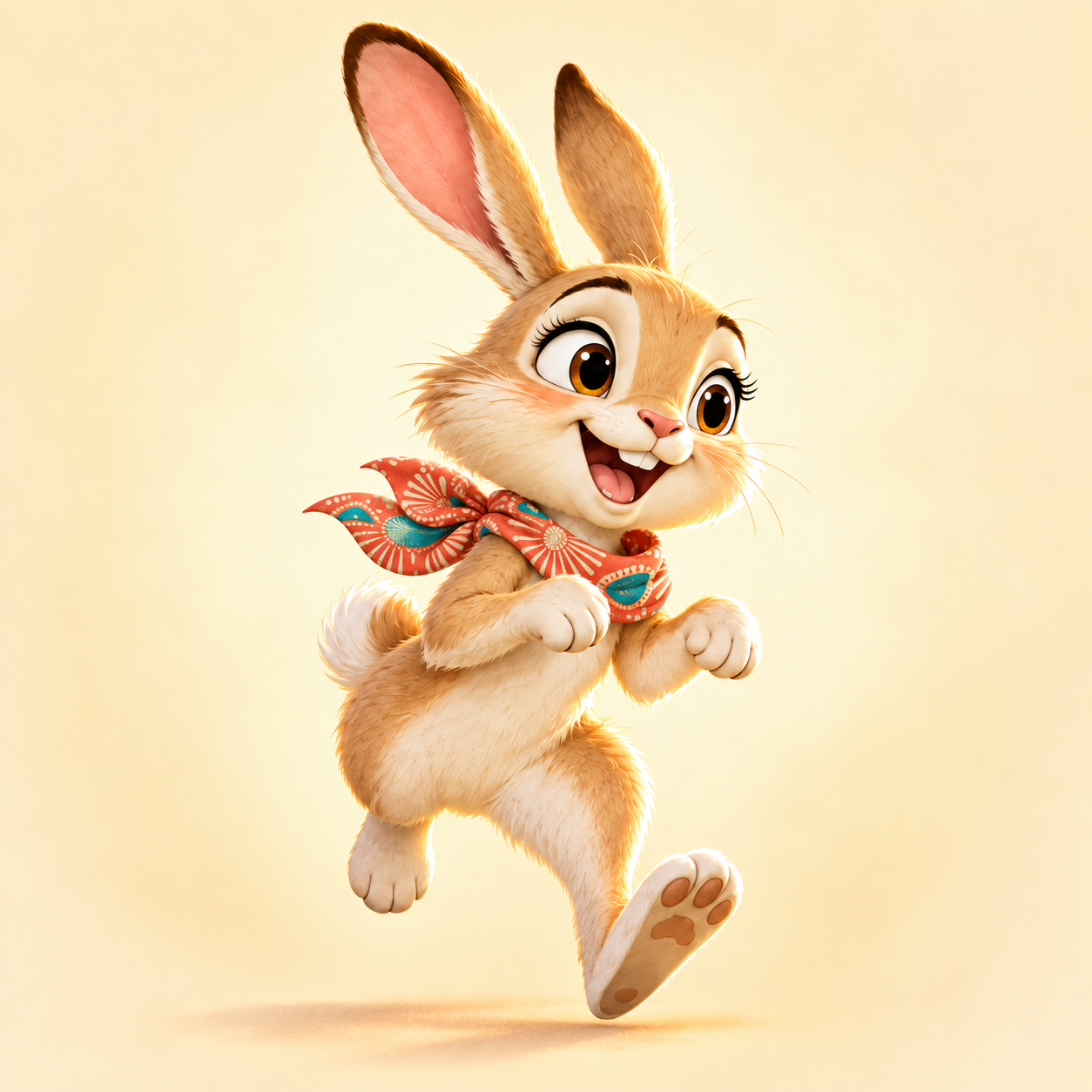 Tsuro, an energetic rabbit with a coral African print neckerchief