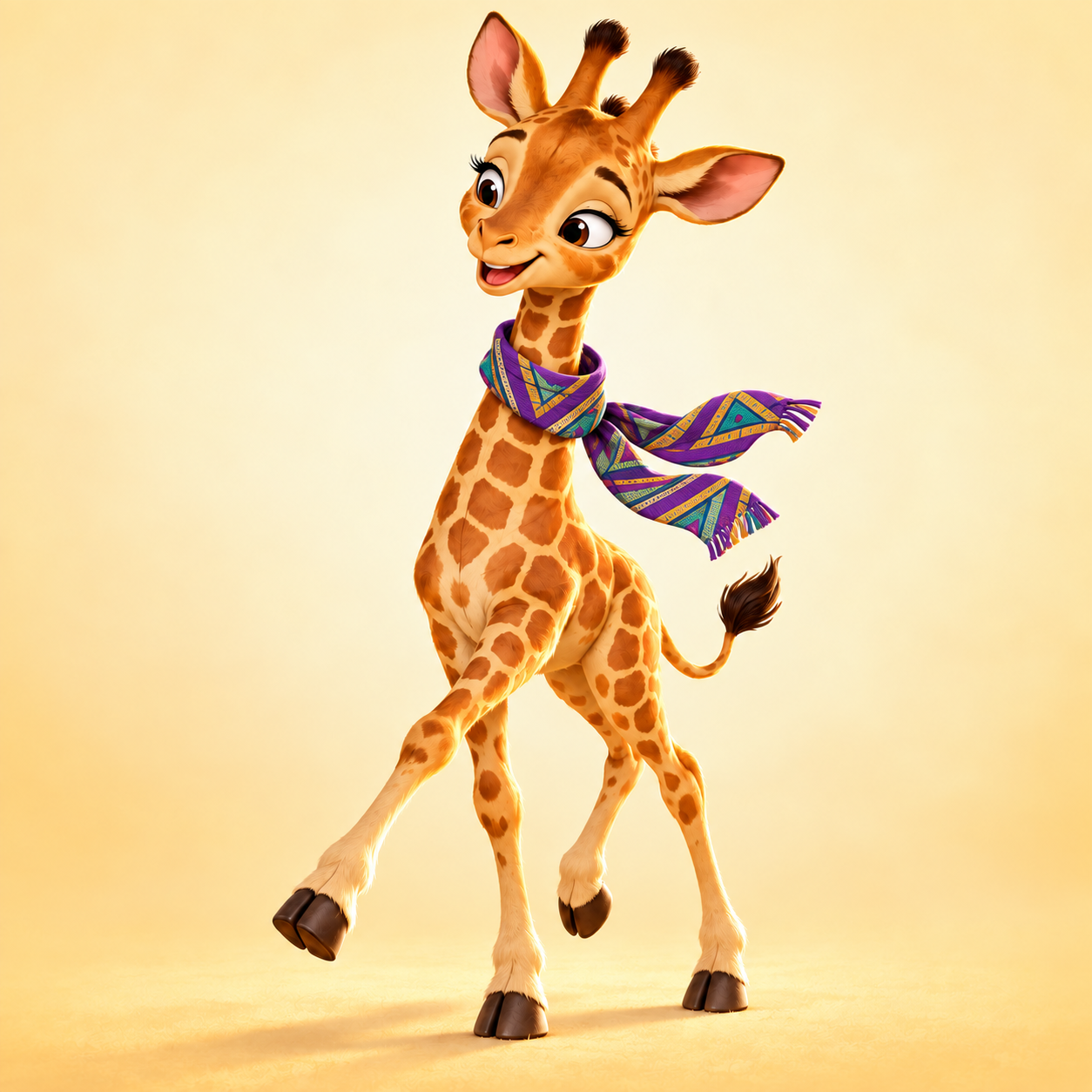 Twiga, a graceful young giraffe with a purple patterned scarf